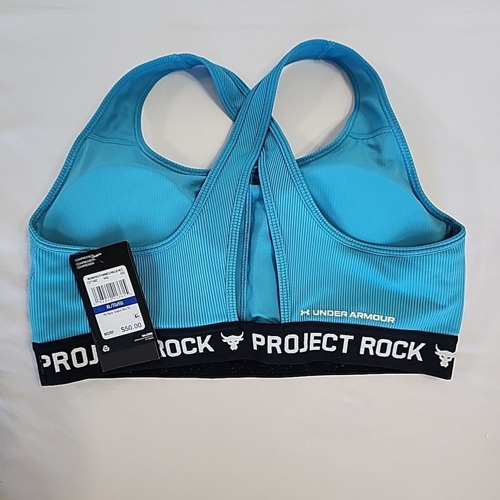 Under Armour Project Rock Crossback Sports Bra Blue Women's XL Medium Support - Picture 2 of 4